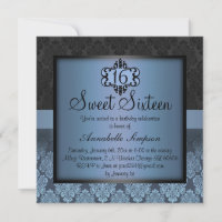 Elegante Blauwe Chic Damask Sweet16 Uitnodigen