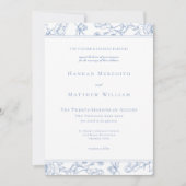 Elegante blauwe Chinoiserie Bird Crest Border Wedd Kaart (Voorkant)