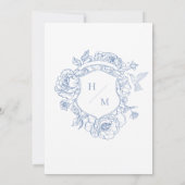 Elegante blauwe Chinoiserie Bird Crest Border Wedd Kaart (Achterkant)