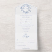 Elegante blauwe Chinoiserie Bird Crest bruiloft All In One Uitnodiging (Binnen)