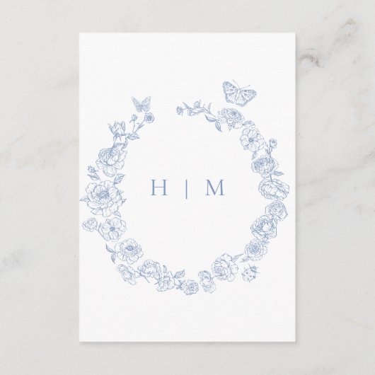 Elegante blauwe Chinoiserie Bird Crest bruiloft de Informatiekaartje (Achterkant)