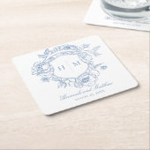 Elegante blauwe Chinoiserie Bird Crest bruiloft Kartonnen Onderzetters (Schuin)