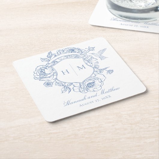 Elegante blauwe Chinoiserie Bird Crest bruiloft Kartonnen Onderzetters (Schuin)