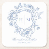 Elegante blauwe Chinoiserie Bird Crest bruiloft Kartonnen Onderzetters (Voorkant)