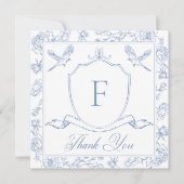 Elegante Blauwe Chinoiserie Bird & Crest Wedding Bedankkaart (Voorkant)