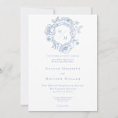 Elegante Blauwe Chinoiserie Bird & Crest Wedding Kaart (Voorkant)