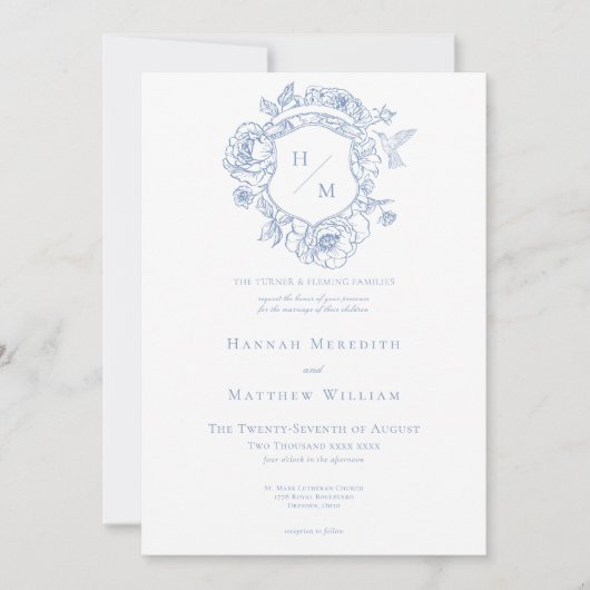 Elegante Blauwe Chinoiserie Bird & Crest Wedding Kaart (Voorkant)