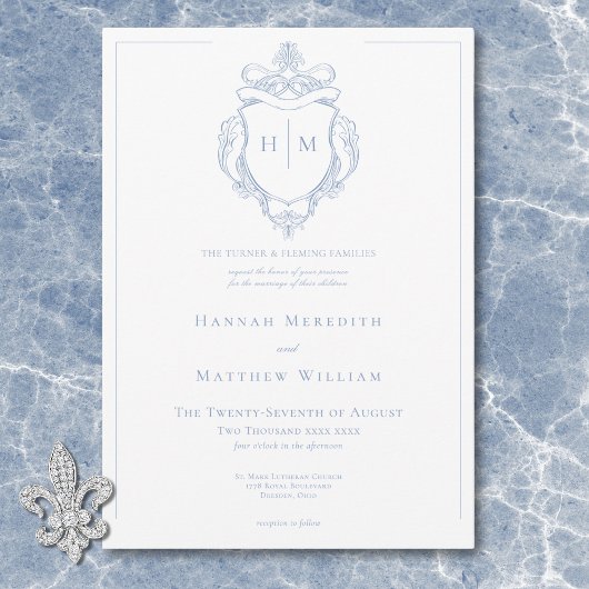 Elegante Blauwe Chinoiserie Bird & Crest Wedding Kaart