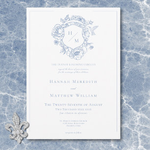 Elegante Blauwe Chinoiserie Bird & Crest Wedding Kaart