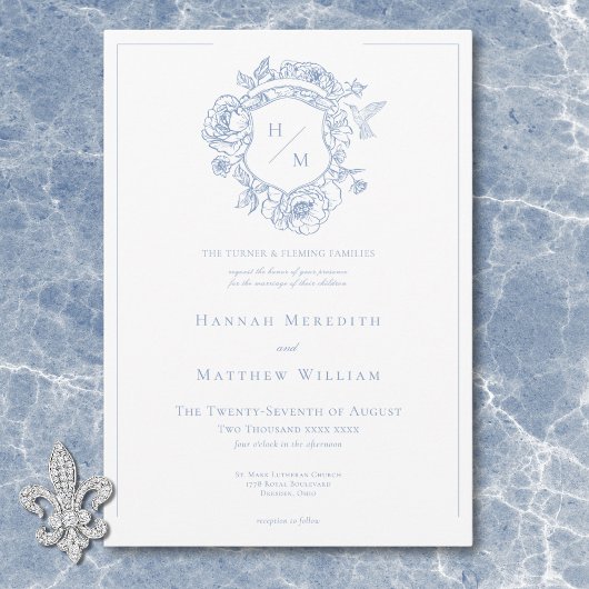 Elegante Blauwe Chinoiserie Bird & Crest Wedding Kaart
