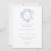 Elegante Blauwe Chinoiserie Bird & Crest Wedding Kaart (Voorkant)
