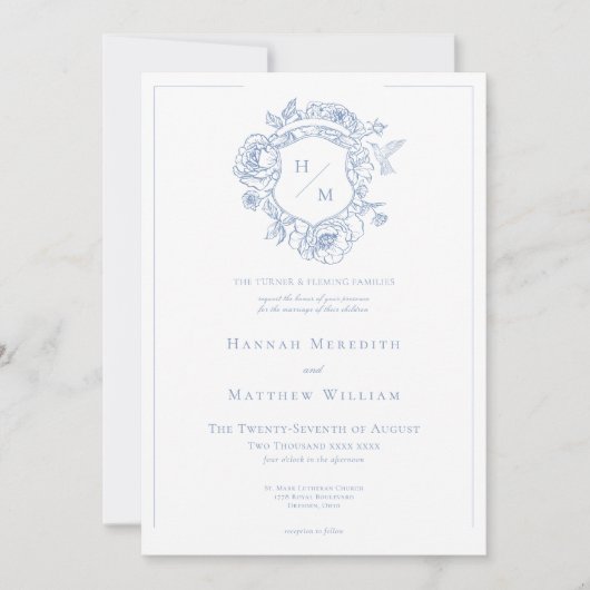 Elegante Blauwe Chinoiserie Bird & Crest Wedding Kaart (Voorkant)