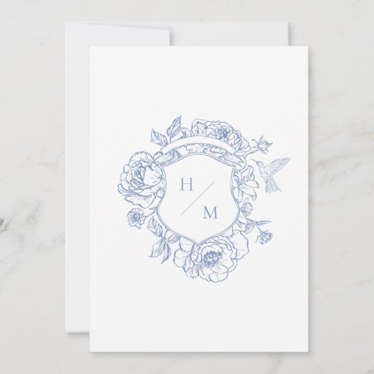 Elegante Blauwe Chinoiserie Bird & Crest Wedding Kaart (Achterkant)