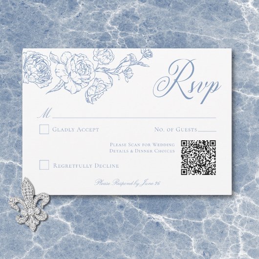 Elegante Blauwe Chinoiserie Bird & Crest Wedding Q RSVP Kaartje