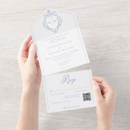 Elegante blauwe Chinoiserie Bird Crest Wedding QR All In One Uitnodiging (Afscheurbaar)