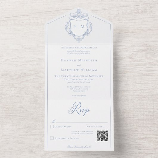 Elegante blauwe Chinoiserie Bird Crest Wedding QR All In One Uitnodiging (Binnen)