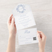 Elegante blauwe Chinoiserie Bird Crest Wedding QR All In One Uitnodiging (Afscheurbaar)