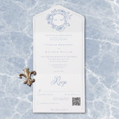 Elegante blauwe Chinoiserie Bird Crest Wedding QR All In One Uitnodiging