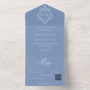 Elegante blauwe Chinoiserie Bird Crest Wedding QR All In One Uitnodiging
