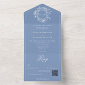 Elegante blauwe Chinoiserie Bird Crest Wedding QR All In One Uitnodiging (Binnen)