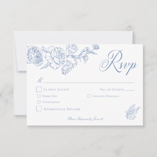 Elegante Blauwe Chinoiserie Bird & Crest Wedding RSVP Kaartje (Voorkant)