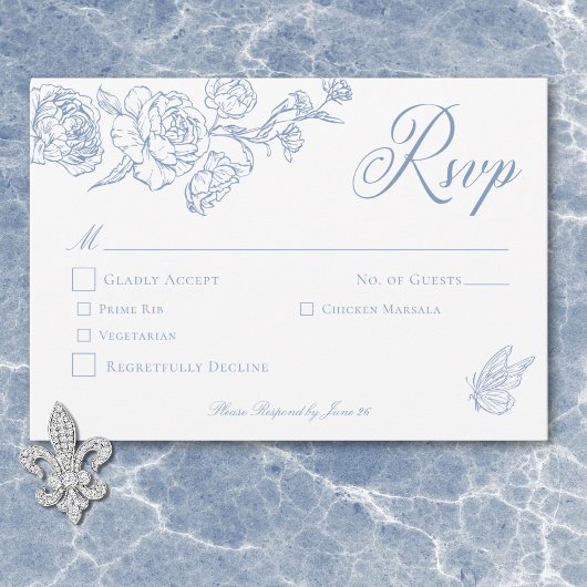 Elegante Blauwe Chinoiserie Bird & Crest Wedding RSVP Kaartje