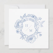 Elegante Blauwe Chinoiserie Bird & Crest Wedding Save The Date (Achterkant)