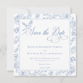 Elegante Blauwe Chinoiserie Bird & Crest Wedding Save The Date (Voorkant)