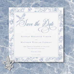 Elegante Blauwe Chinoiserie Bird & Crest Wedding Save The Date
