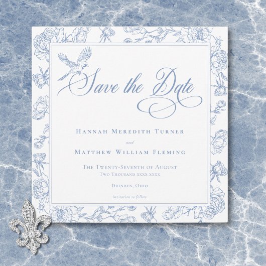 Elegante Blauwe Chinoiserie Bird & Crest Wedding Save The Date