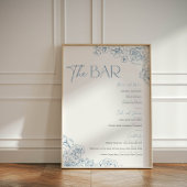 Elegante Blauwe Chinoiserie Bloemenbar Menu Cockta Reclamebord Met Voetstuk