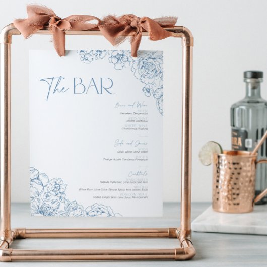 Elegante Blauwe Chinoiserie Bloemenbar Menu Cockta Reclamebord Met Voetstuk