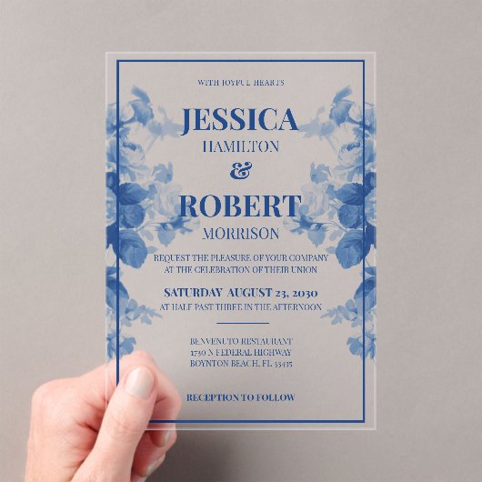Elegante  Blauwe Chinoiserie Bloemenbruiloft Acryl Uitnodigingen (Insitu (Draagbaar))