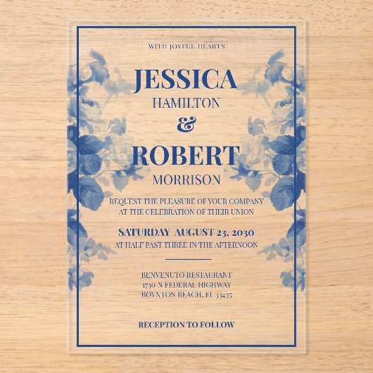 Elegante  Blauwe Chinoiserie Bloemenbruiloft Acryl Uitnodigingen (Voorkant)