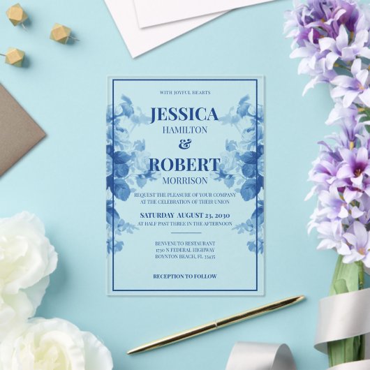 Elegante  Blauwe Chinoiserie Bloemenbruiloft Acryl Uitnodigingen (Insitu (Huwelijk))