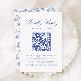 Elegante Blauwe Chinoiserie Bloemenbruiloft QR-cod RSVP Kaartje
