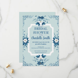 Elegante blauwe chinoiserie bloemige bruidsdouche save the date