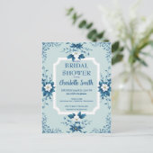 Elegante blauwe chinoiserie bloemrijke bruidsdouch briefkaart (Staand voorkant)