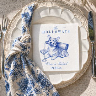 Elegante Blauwe Chinoiserie Corgi Huwelijk Servet