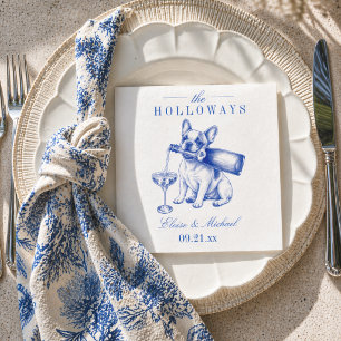 Elegante Blauwe Chinoiserie Franse Bulldog Trouwda Servet
