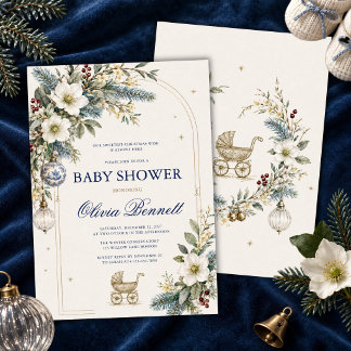 Elegante blauwe chinoiserie kerst baby shower kaart
