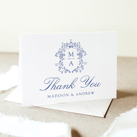 Elegante Blauwe Chinoiserie Monogram Crest bruilof Bedankkaart