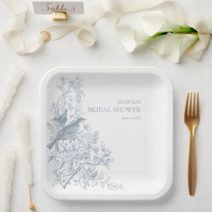 Elegante Blauwe Chinoiserie Natuur Vogel Bruidsdou Papieren Bordje