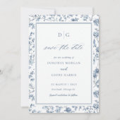 Elegante blauwe chinoiserie platte save the date k (Voorkant)