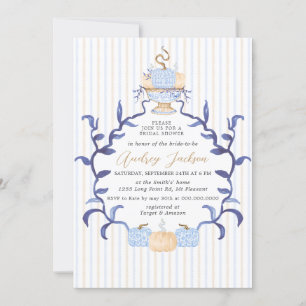 Elegante Blauwe Chinoiserie Pompoen Bruidsfeest Kaart