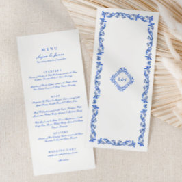 Elegante Blauwe chinoiserie Script Wedding Menu