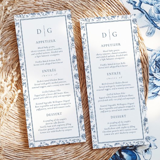 Elegante blauwe chinoiserie trouwmenu menu