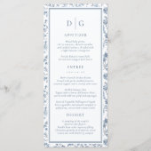 Elegante blauwe chinoiserie trouwmenu menu (Voorkant)