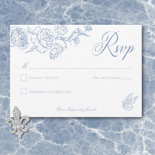 Elegante blauwe chinoiserie vogel en familiewapen  RSVP kaartje