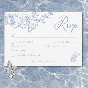 Elegante blauwe chinoiserie vogel en familiewapen  RSVP kaartje